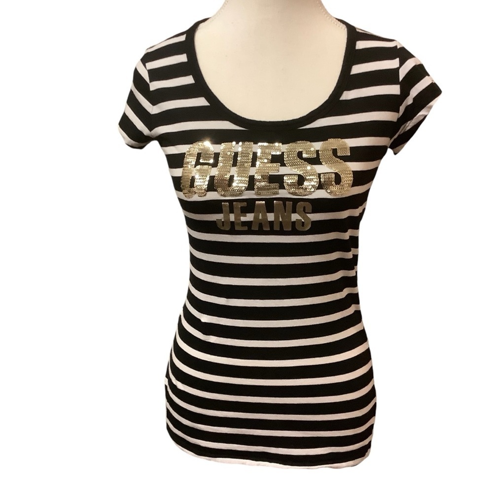 GUESS BLACK & WHITE STRIPED/ GOLD SEQUIN/ COTTON FITTED SHORT SLEEVE TEE/ Size M